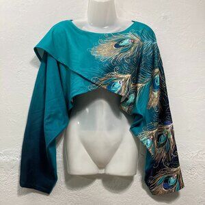 NWT Peacock Unbranded Cropped Top Long Dolman Sleeve Batwing High Low Hem Teal M